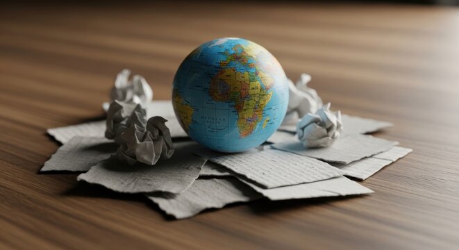 Globe and Crumpled Papers on Wooden Desk
