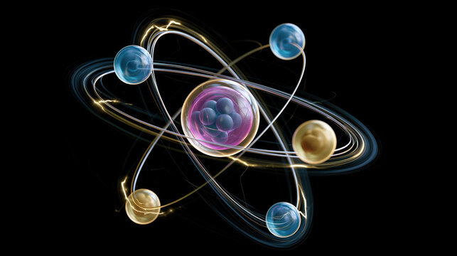 Atomic structure electron orbit glowing atom abstract science physics concept particle model nuclear model molecular orbit subatomic particle dark background