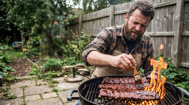 Passionate bearded man meticulously basting succulent BBQ ribs on an open flame grill in a charming backyard setting, creating a mouth-watering aroma for an enjoyable outdoor meal