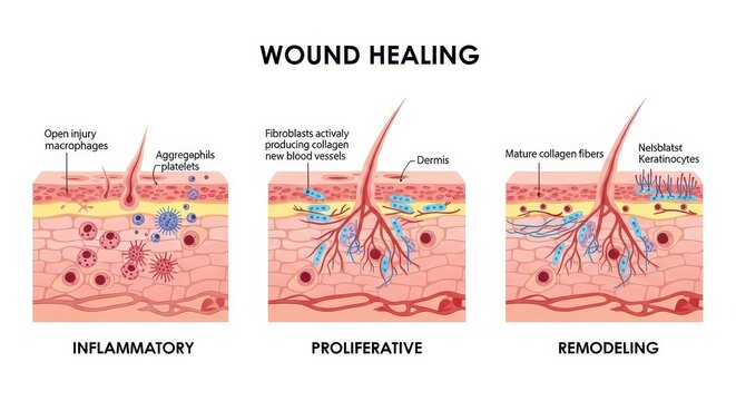 Medical Illustration of Wound Healing Stages: Inflammatory, Proliferative, and Remodeling Phases in Human Skin