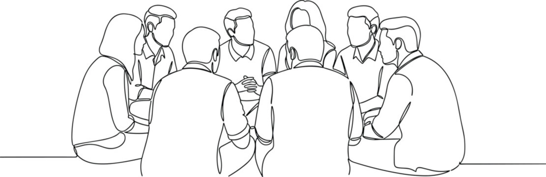 Group of diverse people sitting in circle during therapy session or meeting continuous line drawing.