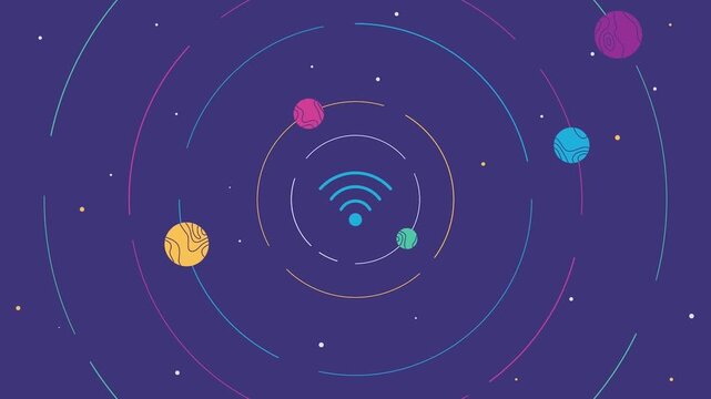 Glowing Digital Wireless Network Signal Icon Orbiting in Cyber Space System Grid 2D Animation