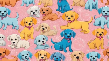 Naklejka premium Adorable seamless pattern with cute colorful cartoon puppies on a pink textured background, ideal for child design, fabric, and wallpaper.