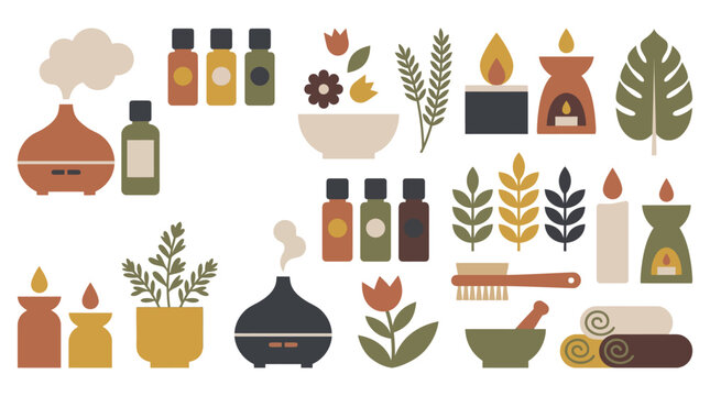 The arrangement of various aromatherapy items on a table includes bottles, plants, and candles in a natural setting with Aset1.eps reference.