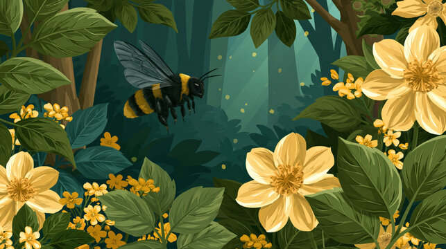 Bumble bee in garden floral forest close up cartoon style green leaf yellow flower flying insect nature scene