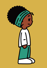 Minimalist vector illustration of a cute Black girl with a headband standing and looking forward in profile, side view character.