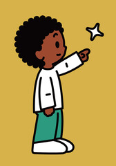 Minimalist vector illustration of a Black boy standing and pointing up at a shining star. Simple line art, ideal for hope, goals, and childhood dreams concepts.