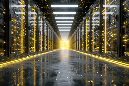 Server rack data center server room corridor aisle network computer hardware technology futuristic digital storage cloud colocation cable light bright reflection floor interior perspective