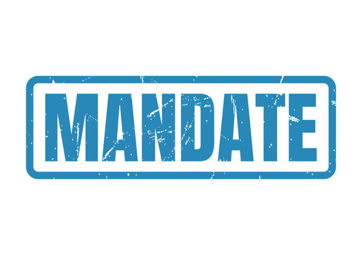 Grunge style blue rubber stamp with the word Mandate representing official authorization and legal documents