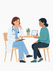 Fototapeta premium Doctor consulting with patient, doctor taking notes on clipboard, patient talking and gesturing