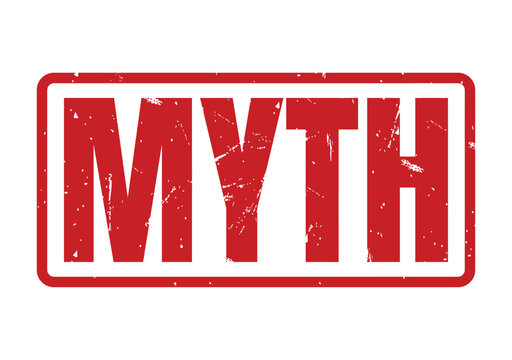 Red rectangular rubber ink stamp with bold text saying Myth for fact checking and debunking