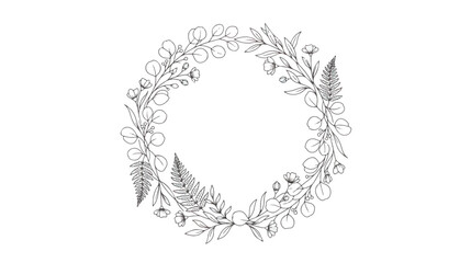 Minimalist botanical wreath vector, hand drawn floral circle frame with eucalyptus and fern leaves, elegant black line art border for wedding invitations © Rafay