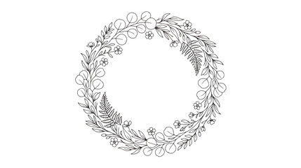 Minimalist botanical wreath vector, hand drawn floral circular frame with eucalyptus and fern leaves, elegant black line art border for wedding invitations © Rafay
