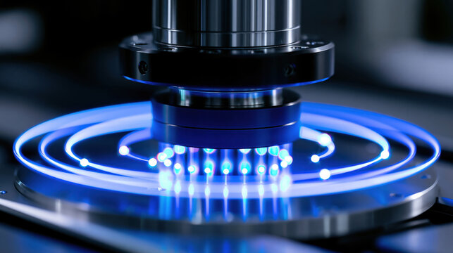 Generic laboratory microscope blue light optical device precision instrument close up science technology research inspection circular plate metal lens laboratory analysis futuristic illumination