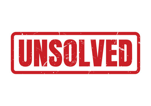 Vintage style red rubber stamp text reading unsolved with a gritty and weathered surface effect