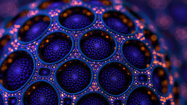 Abstract fractal sphere inversion with glowing blue and orange circle pattern, digital kaleidoscopic design on dark background