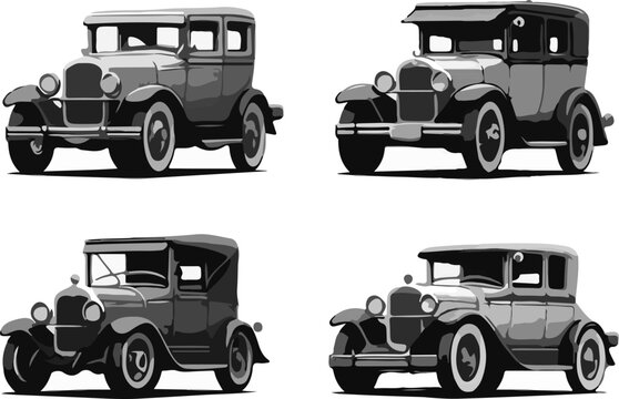 Retro Harbinger of the Road Detailed Old Mobil and Classic Transport Car Set for Timeless School Microstock and Automotive Logo Simbol
