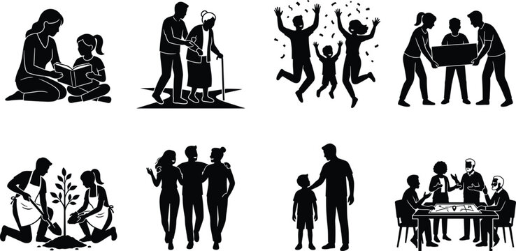 Set of Diverse People Silhouette Icons Depicting Family Life, Community Activities, and Intergenerational Relationship Moments