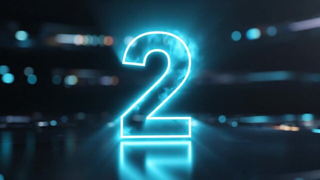 Glowing blue neon number four on dark digital background.