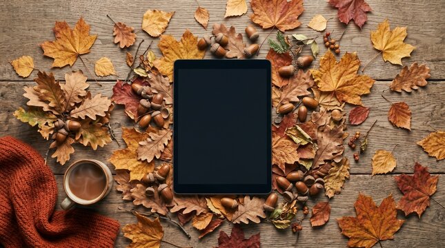 Autumn flat lay with tablet, coffee and fall leaves on wooden background