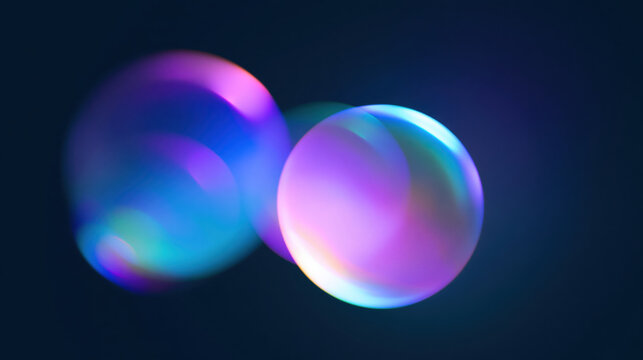 Holographic light orb abstract on dark blue background with soft glow, prism refraction and bokeh effect