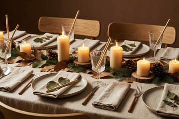 Fototapeta premium Sustainable Festive Dinner Arrangement with Beeswax Candles
