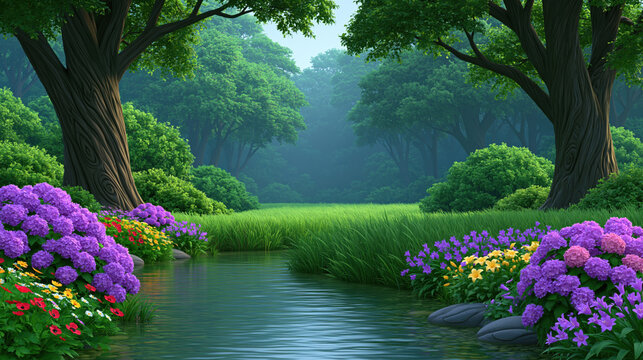 Enchanted forest stream, green meadow, purple flower, tall tree, lush foliage, calm water, magical landscape with serene stream and vivid flowers in deep forest perspective