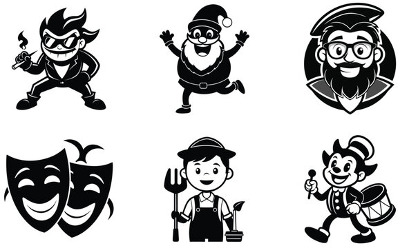 Set of various cartoon character icons including a cool guy, santa, a bearded man, theater masks, a farmer, and a drummer