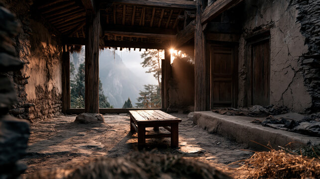 Ancient Chinese peasant hut interior with thatched roof and wooden table, warm sunset light and mountain view through open doorway
