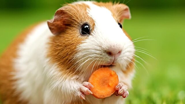 Adorable Brown and White Guinea Pig Holding Carrot Slice in Paws Against a Vivid Green Lawn Backdrop Close Up Studio