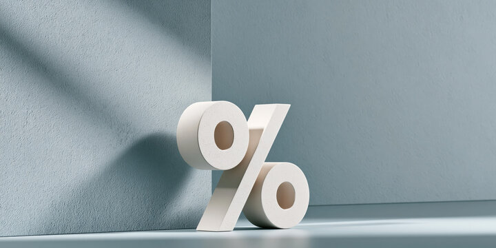 Percentage sign white symbol blue background studio scene minimal composition 3d render shadow clean surface copy space finance concept