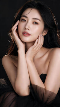 顔に手を添えるロングヘアの日本人女性のスキンケアポートレート