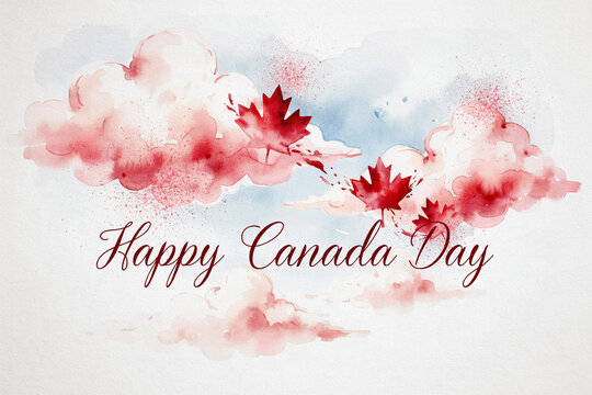 Watercolor Happy Canada Day greeting card, red maple leaves in soft pink clouds, artistic national holiday celebration background with elegant script