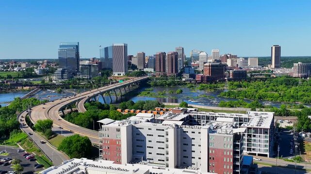 Aerial footage of a U.S. city near the bridge