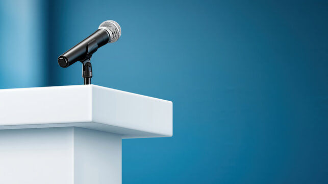 Podium microphone on white stage with blue background and copy space for speech, conference, press event, or presentation