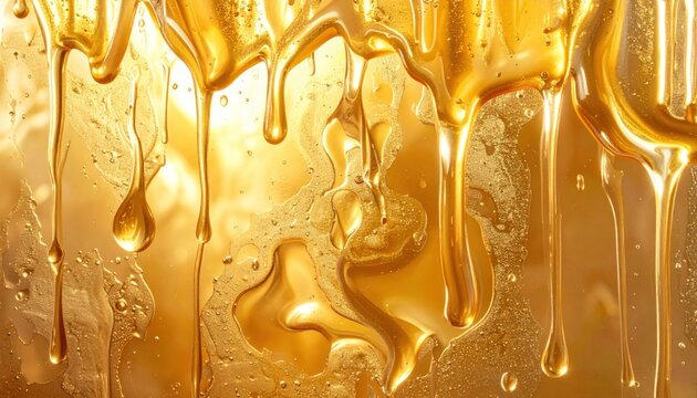 Golden liquid dripping down surface texture.