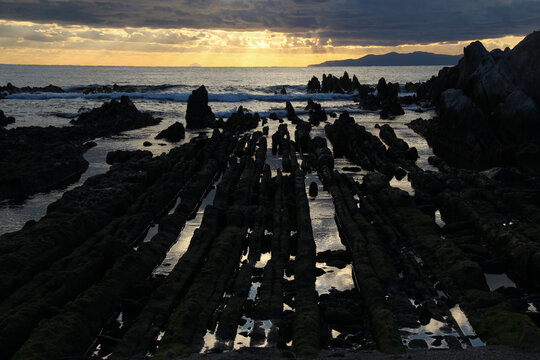 Suset light  over Byobu-iwa rock formation,Shirahama,Minamiboso,Japan