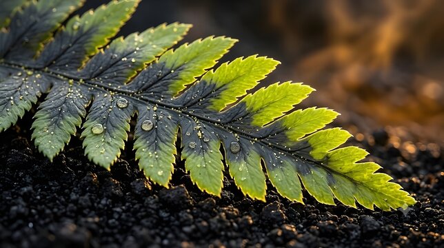 Luminous Chartreuse Fern Frond on Black Volcanic Ash Macro