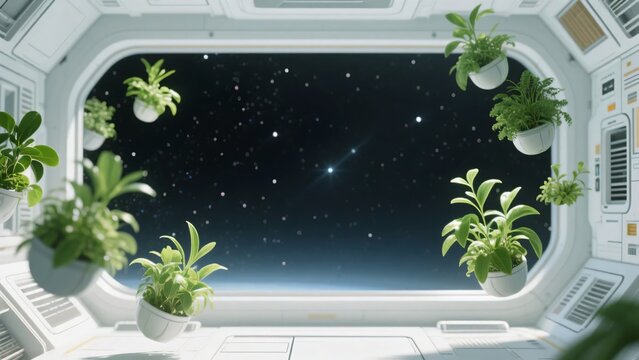 宇宙空間の星空が見える宇宙ステーションの窓と浮かぶ観葉植物、エコロジーのコンセプトイメージ