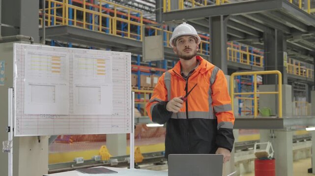 Focused worker directs Electric Train operations within large industrial factory setting utilizing handheld technology and safety equipment for efficient workflow control amidst blueprints and machine