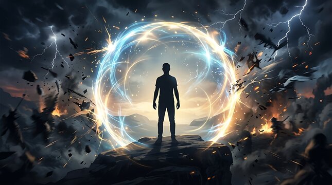 A silhouette of a person standing inside a glowing magical energy shield during a chaotic battle.