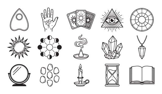 Set of mystical esoteric icons featuring occult symbols and magical elements