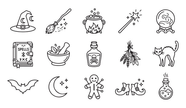 Set of witch and magic elements icons featuring spell books and potions