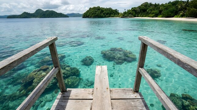 Sunny Tropical Pier Over Clear Teal Water