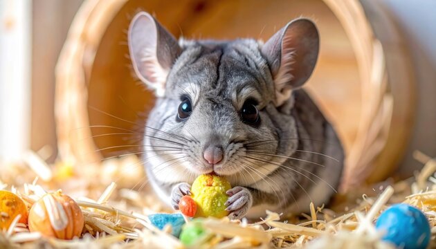 Adorable Chinchilla Enjoying a Treat in a Cozy Nest.