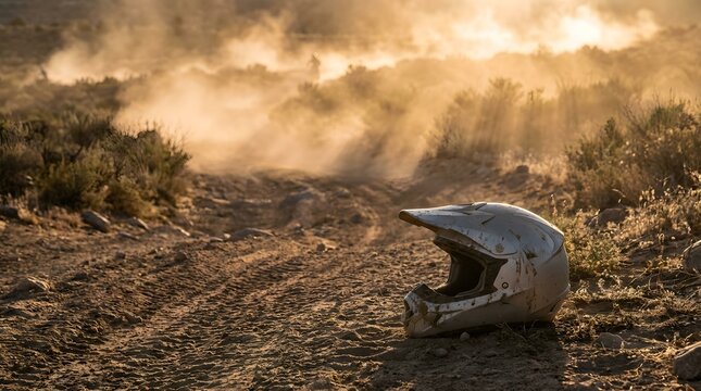 Desert Scene White Helmet on Dusty Track at Sunset
