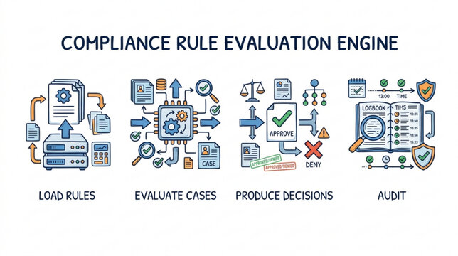 Compliance rule evaluation engine with load rules evaluate cases produce decisions and audit processes