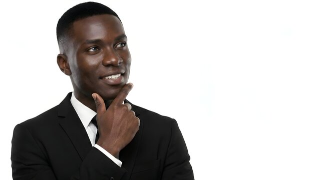 Thoughtful, handsome African businessman holding his hand to his chin, looking up at the copy space