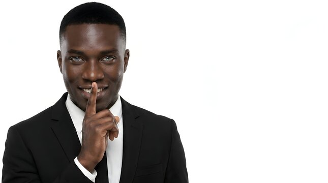 Charismatic African businessman making a secret hush gesture toward white copy space