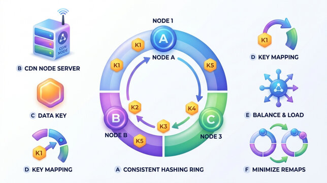 The RJ_SDJZCK_VF.svg diagram illustrates a consistent hashing ring process with key mapping and balance load across multiple nodes.